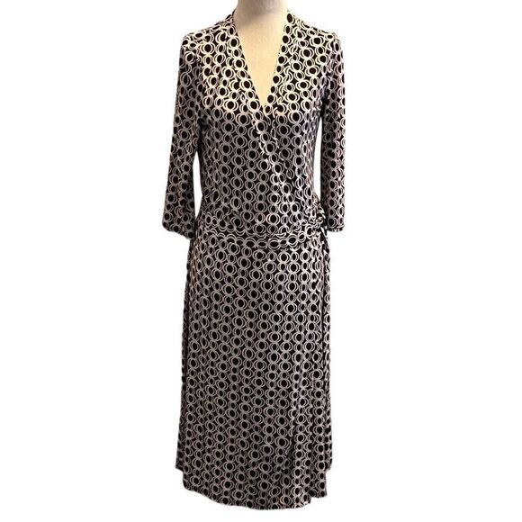 BISOU BISOU MICHELE BOHBOT KNIT WRAP STYLE DRESS BLACK WHITE GEOMETRIC SIZE 8 - Picture 1 of 8